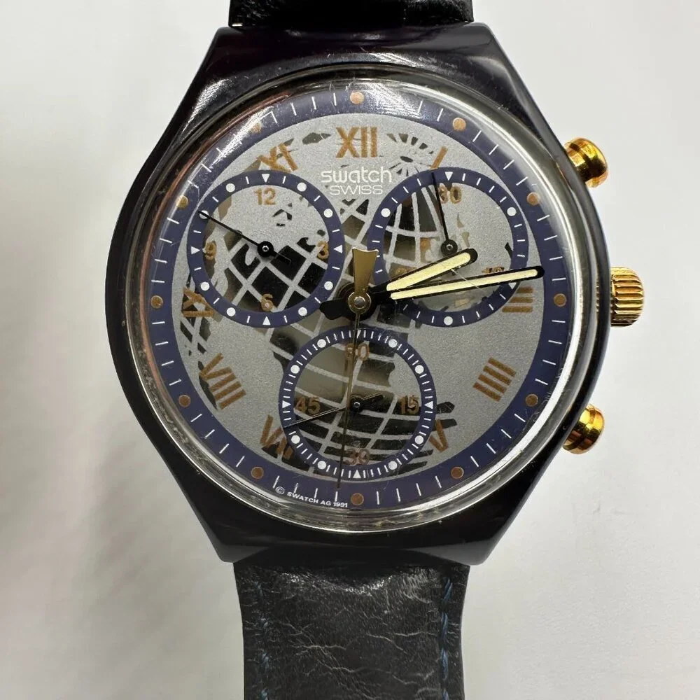 Swatch Timeless Zone Chronograph Watch Men Black 37MM Dial SCN104 New Battery